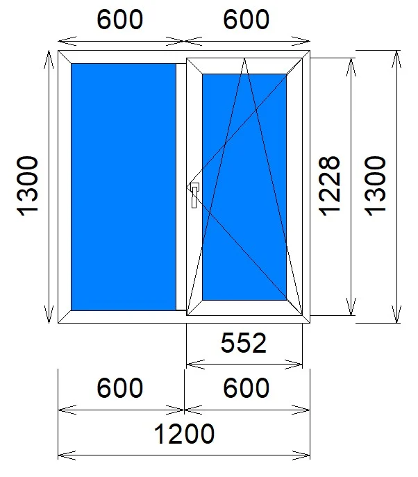 Двухстворчатое окно 1200×1300 мм, VEKA Euroline 58: левая створка глухая, правая поворотно-откидная