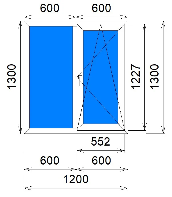 Двухстворчатое окно 1200×1300 мм, VEKA Softline 70: левая створка глухая, правая поворотно-откидная