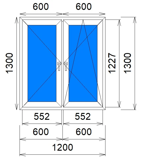 Двухстворчатое окно 1200×1300 мм, VEKA Softline 70: левая створка поворотная, правая поворотно-откидная